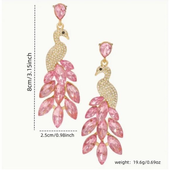 Iced Gold Peacock Dangle Earrings Blue Green Rhinestones - Picture 6 of 6